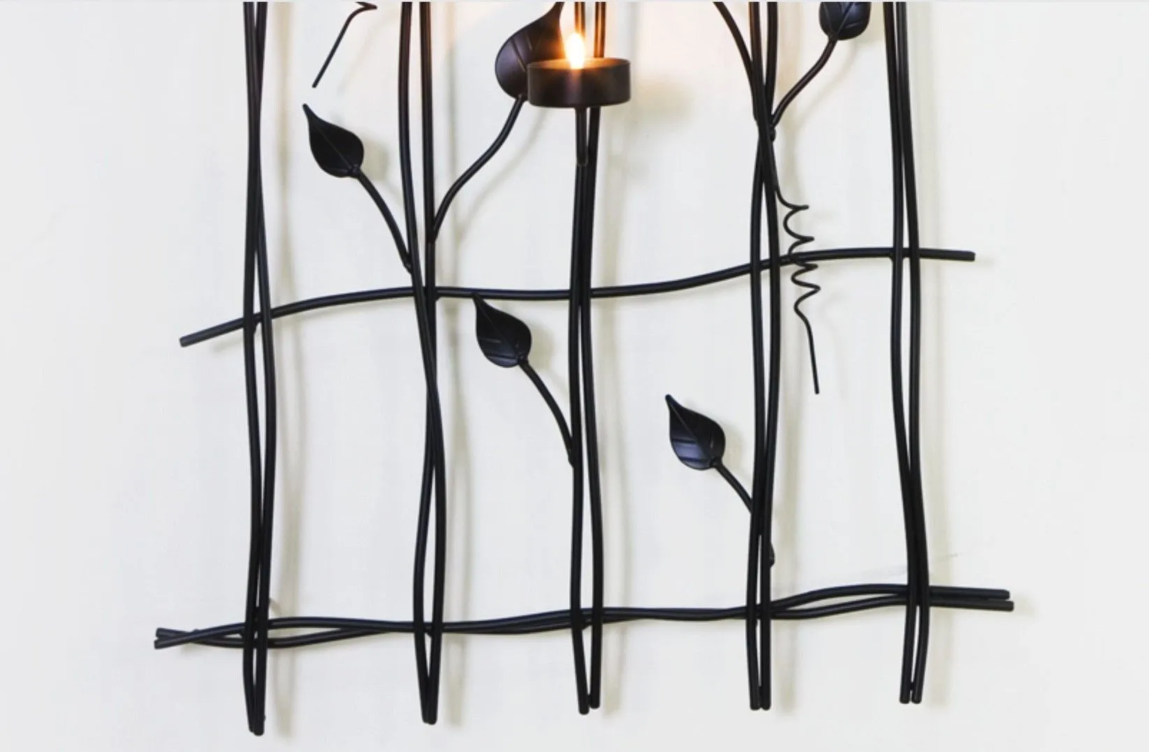 Leaf Style Black Metal Wall Art with 6 Tealight Holders