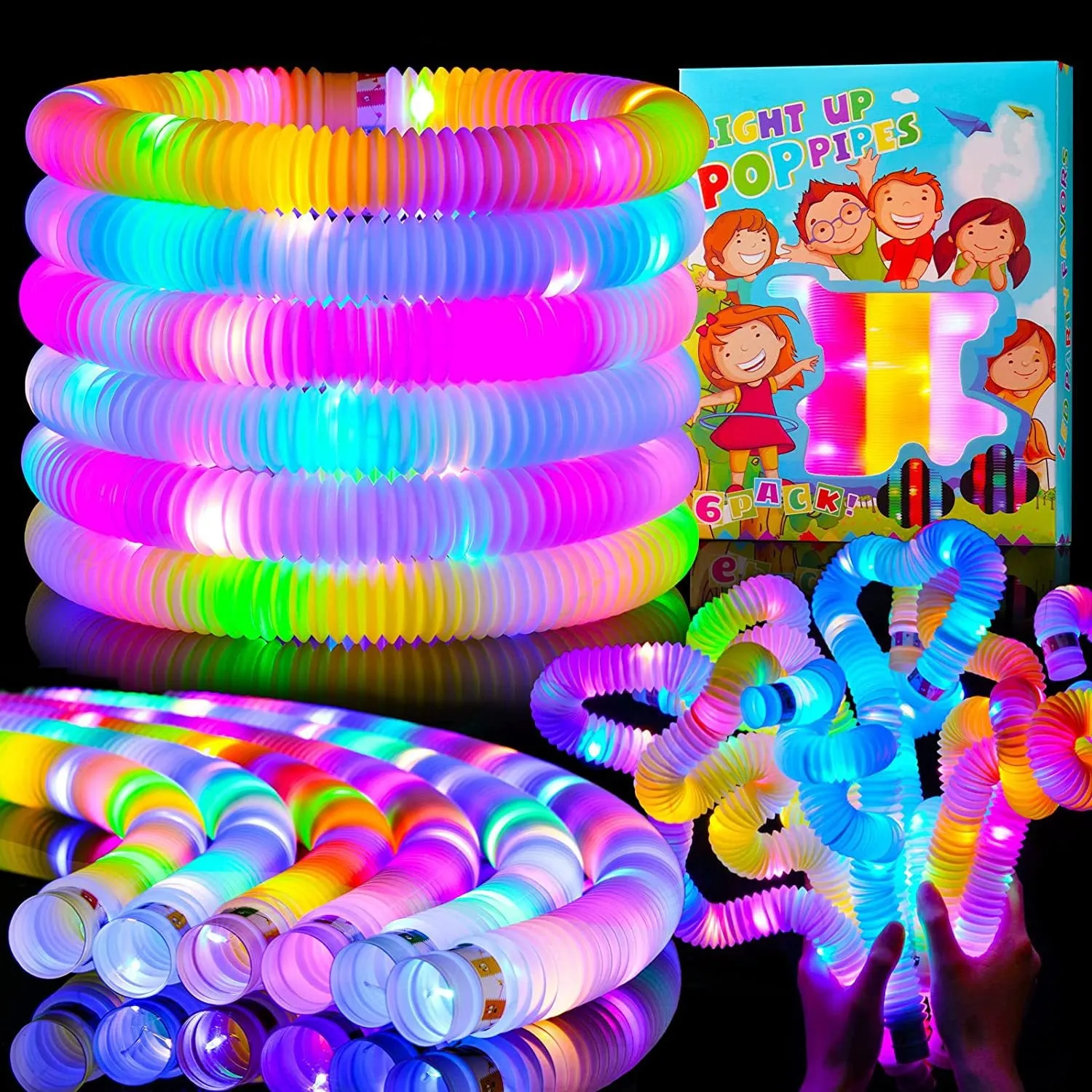 Light Up Pop Tubes Glow Sticks Large Pack Glow in the Dark Party Tubes, 6 Colors Bulk Light up Pop Tubes