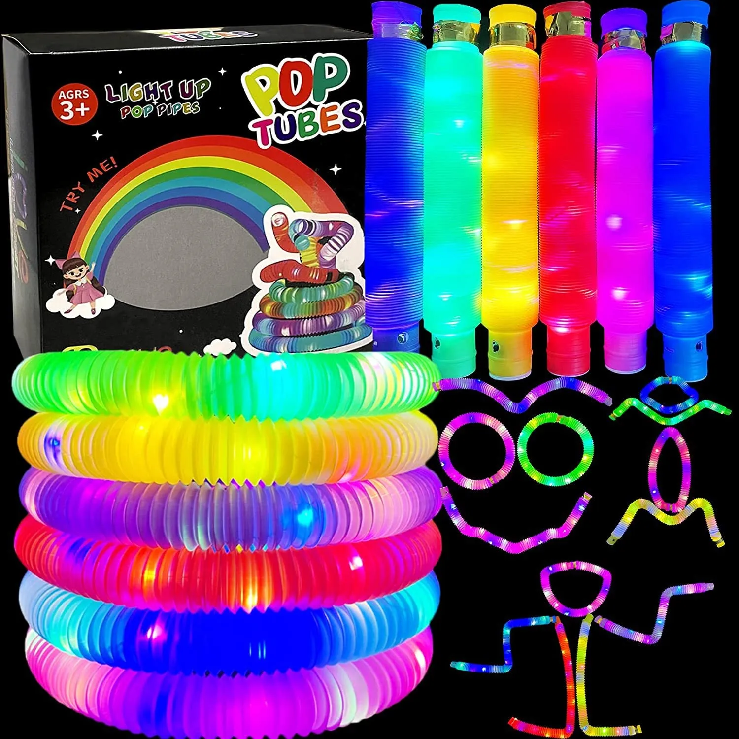 Light Up Pop Tubes Glow Sticks Large Pack Glow in the Dark Party Tubes, 6 Colors Bulk Light up Pop Tubes