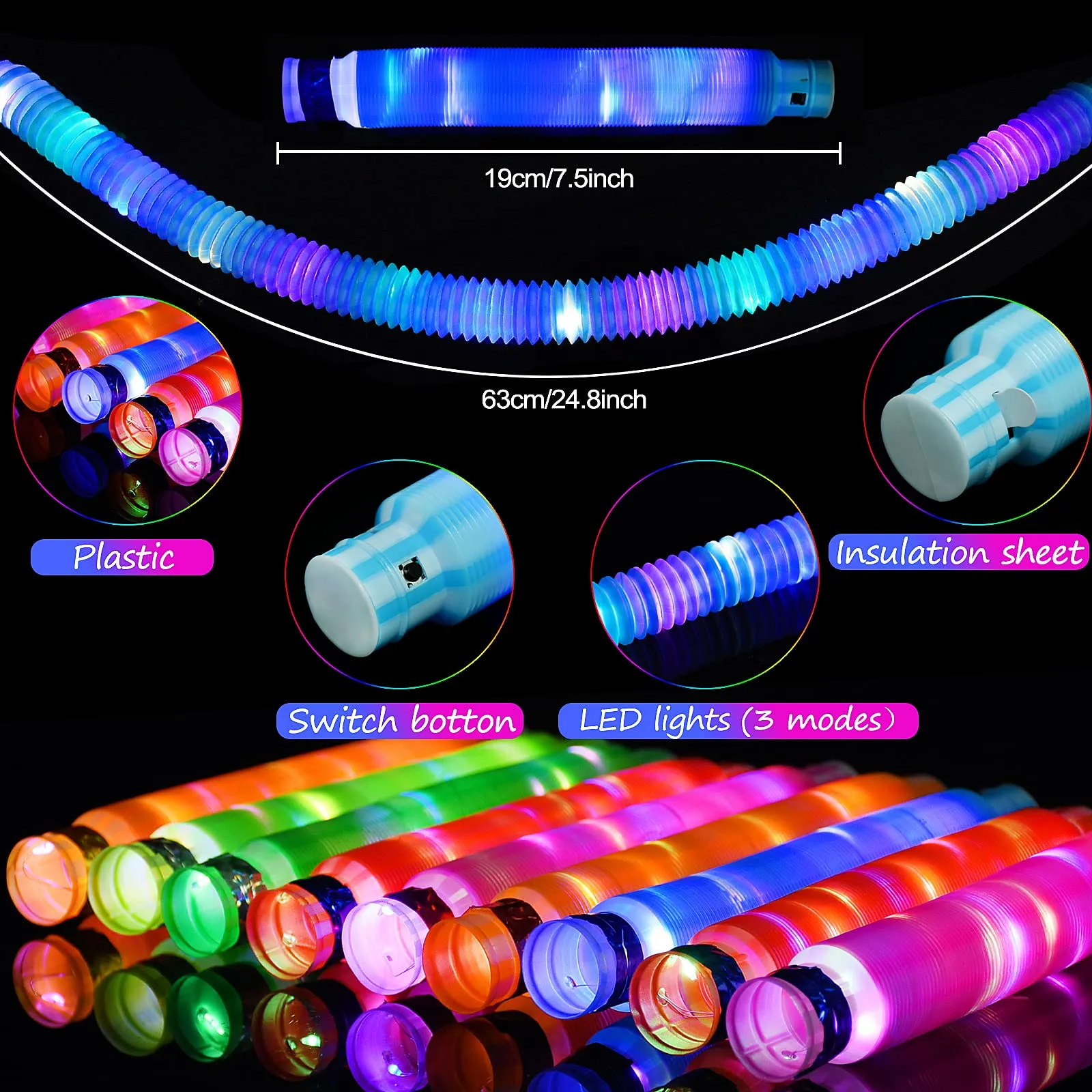 Light Up Pop Tubes Glow Sticks Large Pack Glow in the Dark Party Tubes, 6 Colors Bulk Light up Pop Tubes