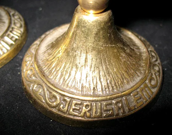 LOT 2-pc GOLD Tone Solid BRASS METAL Carved JERUSALEM FLAMES CANDLE HOLDERS