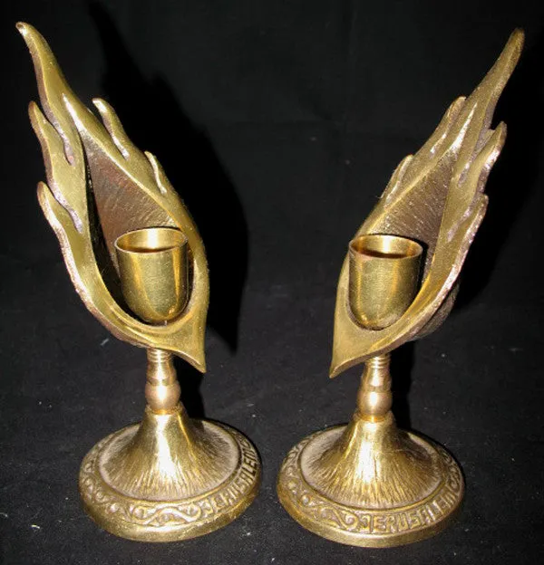 LOT 2-pc GOLD Tone Solid BRASS METAL Carved JERUSALEM FLAMES CANDLE HOLDERS