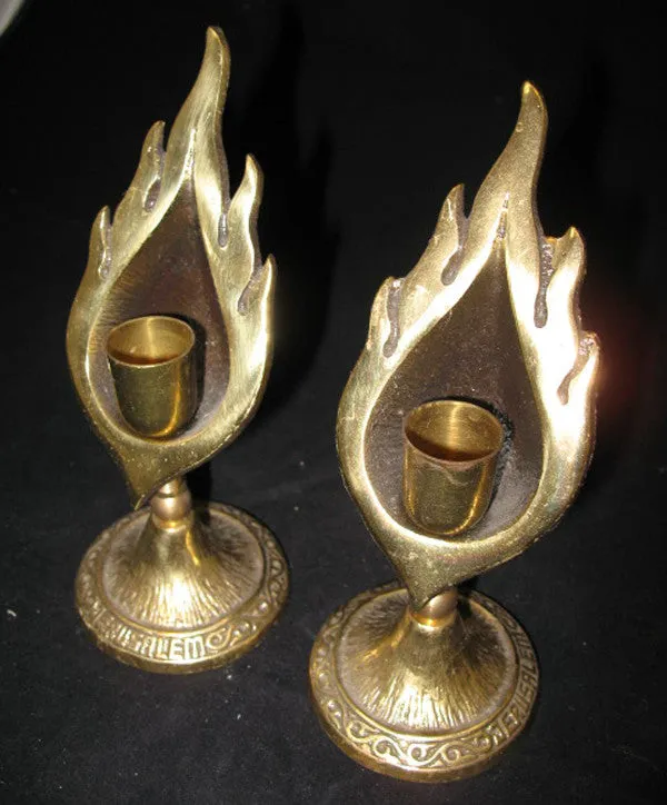 LOT 2-pc GOLD Tone Solid BRASS METAL Carved JERUSALEM FLAMES CANDLE HOLDERS