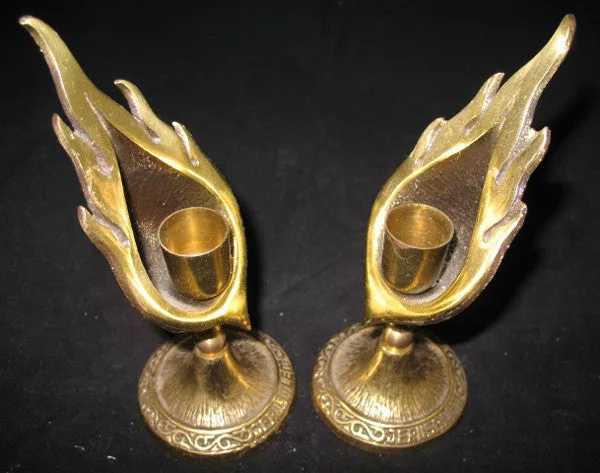 LOT 2-pc GOLD Tone Solid BRASS METAL Carved JERUSALEM FLAMES CANDLE HOLDERS
