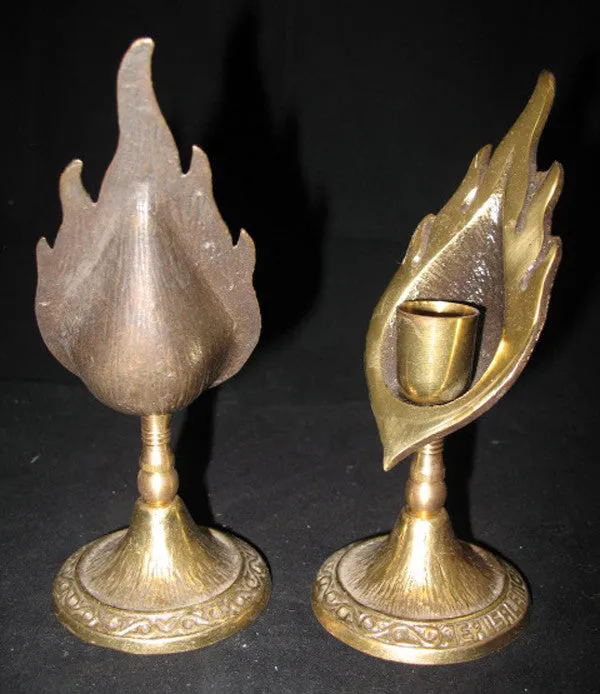 LOT 2-pc GOLD Tone Solid BRASS METAL Carved JERUSALEM FLAMES CANDLE HOLDERS