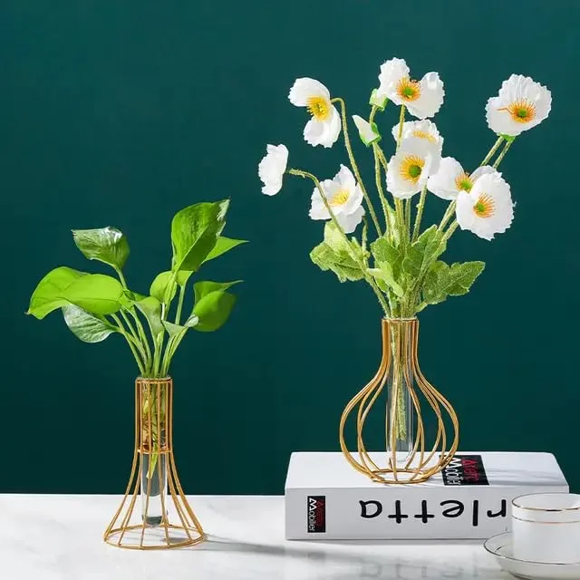 MAXXINN 1 Pcs Propagation Station with Metal Frame, Test Tube Glass Items Vase for Flower Pot, Bedroom, New Year, Christmas Decoration (Golden) (Metal vase) (15.5H x 10L) (50155)