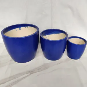 Modern Blue Ceramic Planters - Set of 3 Round for Home and Office Decor