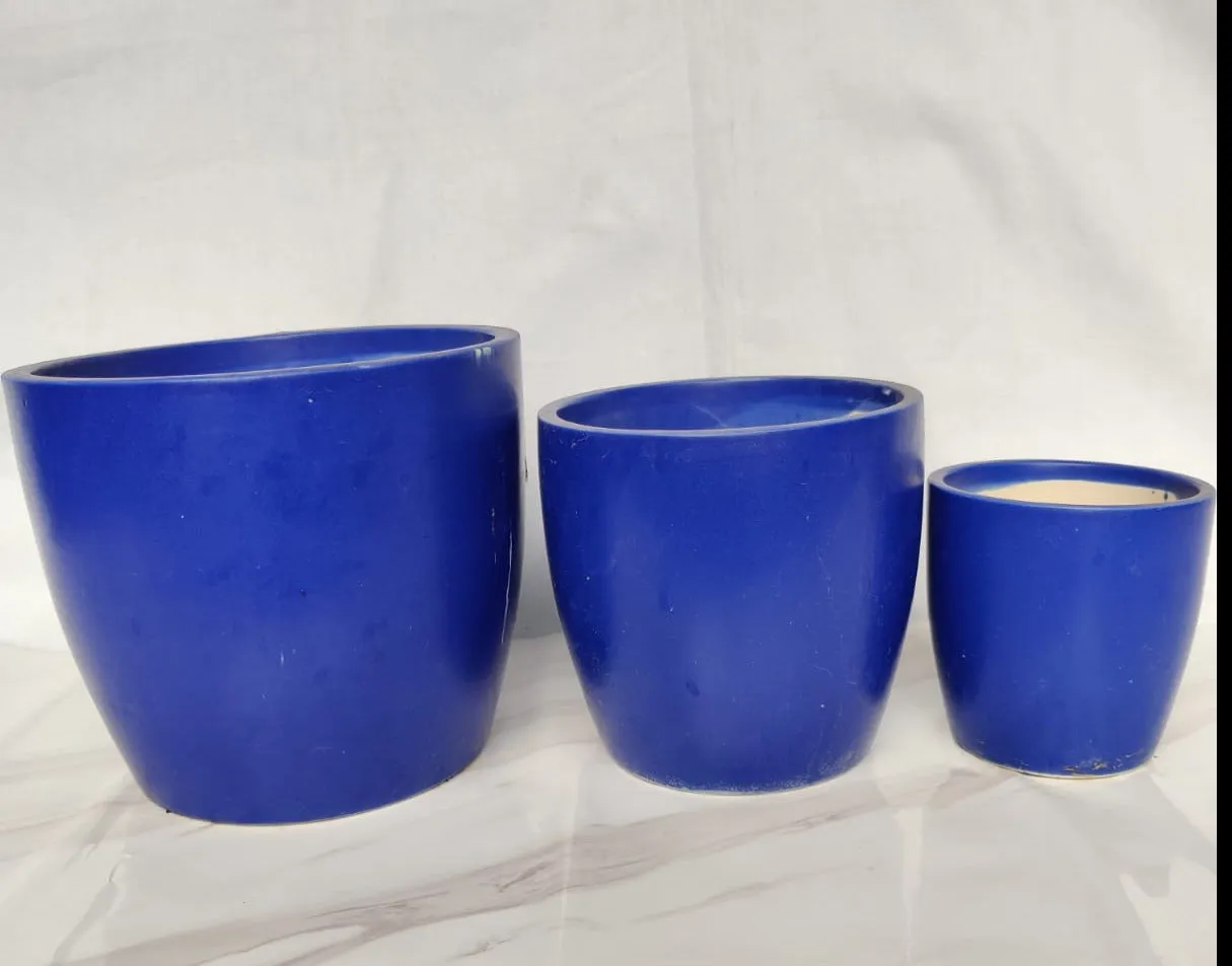Modern Blue Ceramic Planters - Set of 3 Round for Home and Office Decor