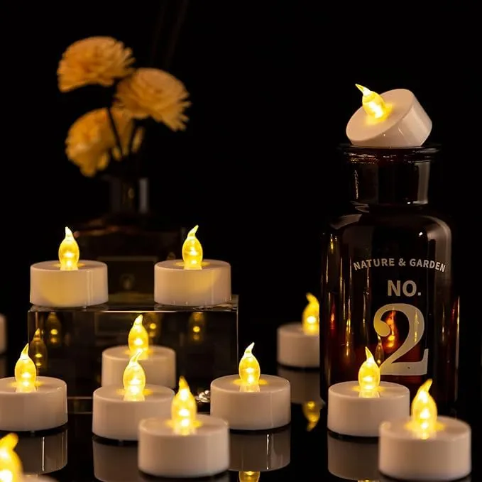 Omfoo Flameless Floating Tea Lights Candles - Realistic and Bright Flickering LED with Warm Yellow Tea Candle Waterproof Activated for Wedding, Birthday, Parties and Diwali Festival Decor (Pack of 20)