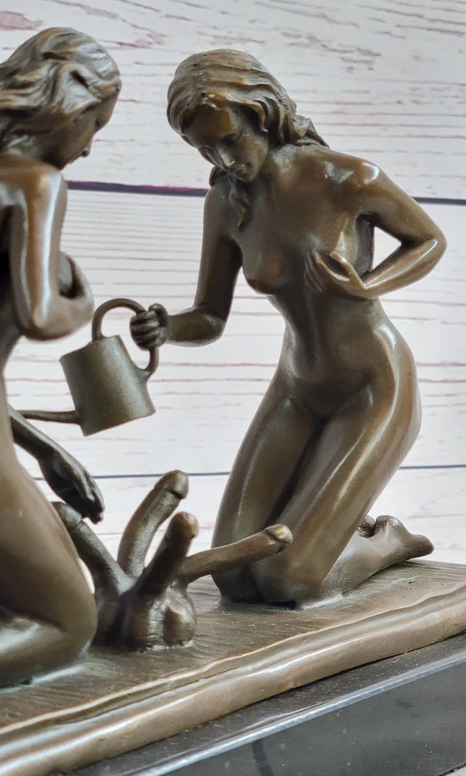 Provocative Bronze Artwork: Sensuous Nude Girl Tending to Growing Erotic Plant Statue