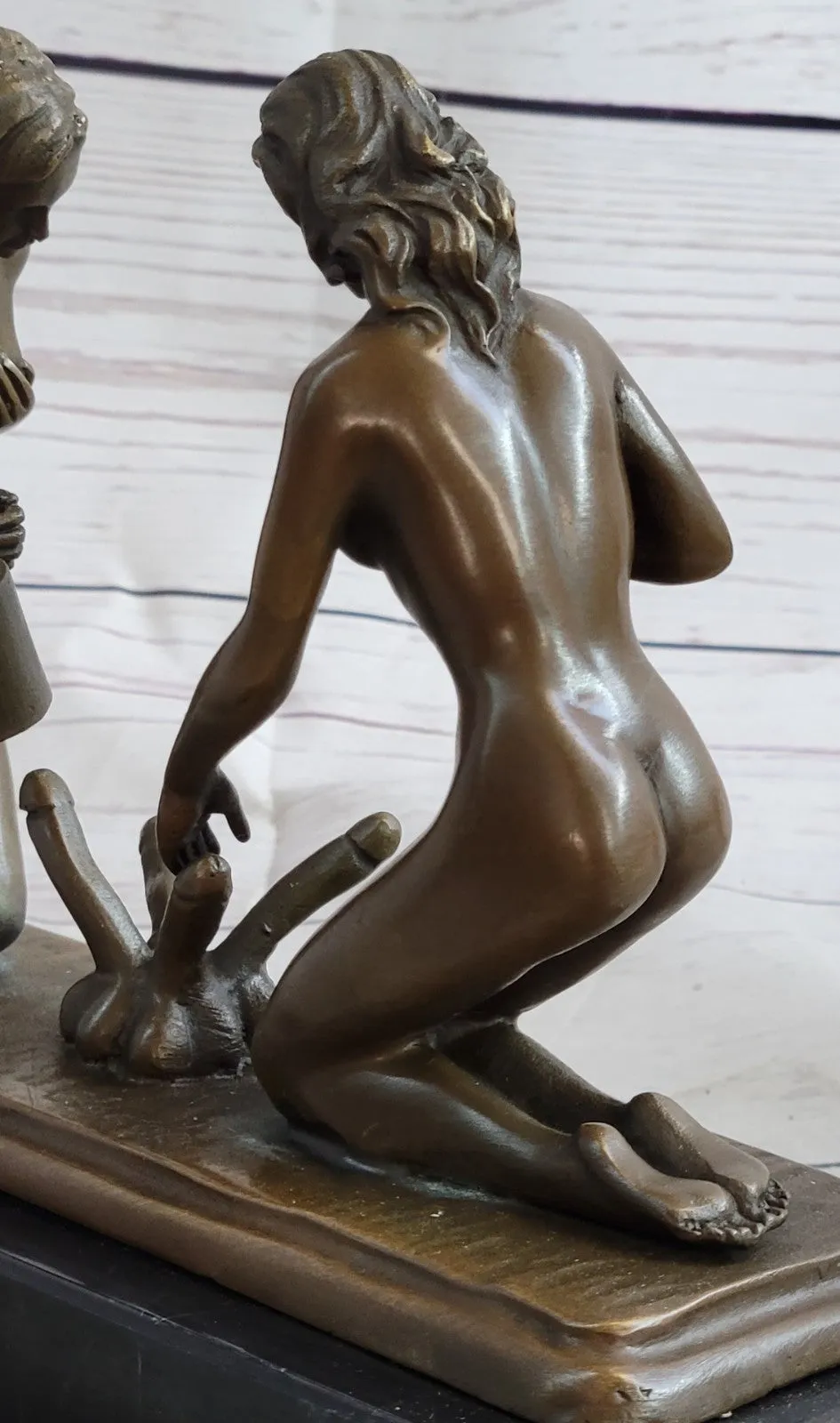 Provocative Bronze Artwork: Sensuous Nude Girl Tending to Growing Erotic Plant Statue