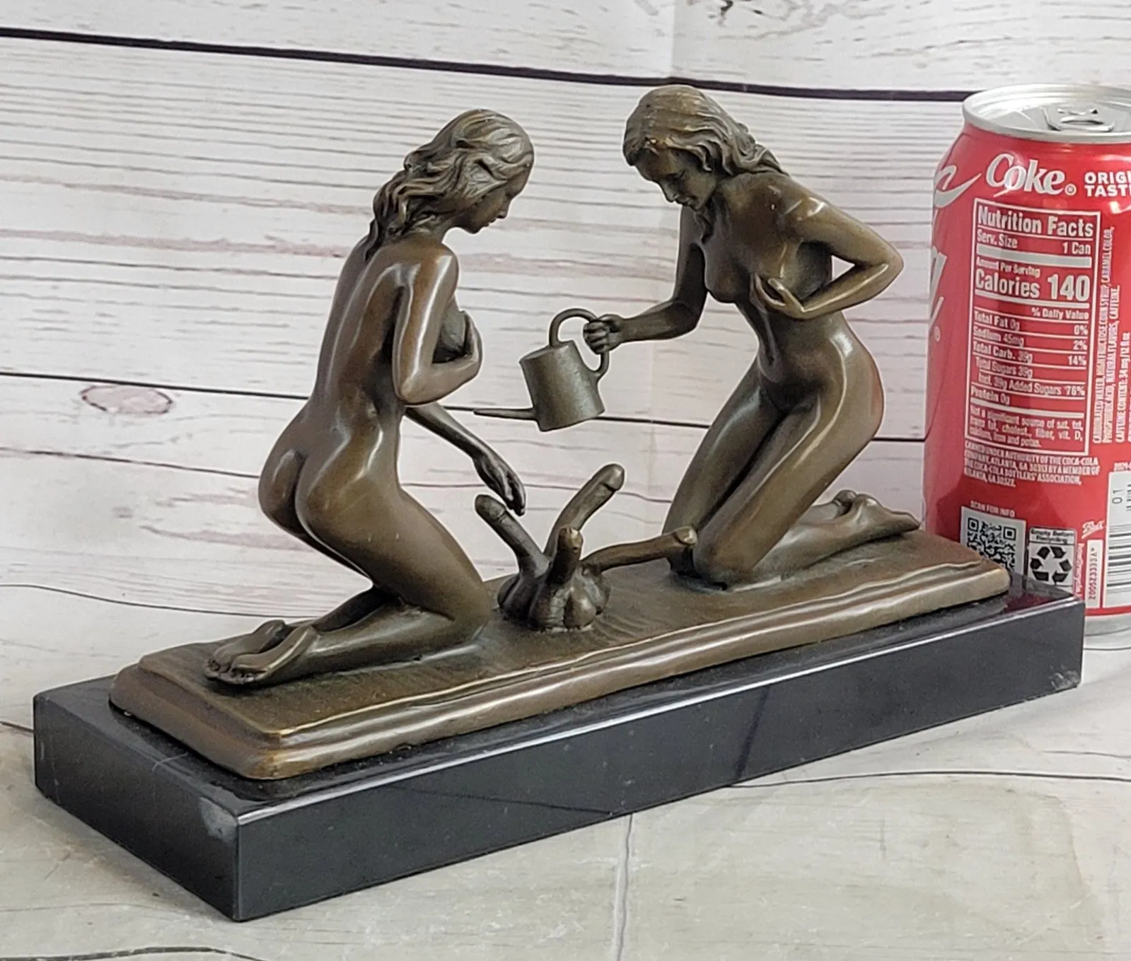 Provocative Bronze Artwork: Sensuous Nude Girl Tending to Growing Erotic Plant Statue