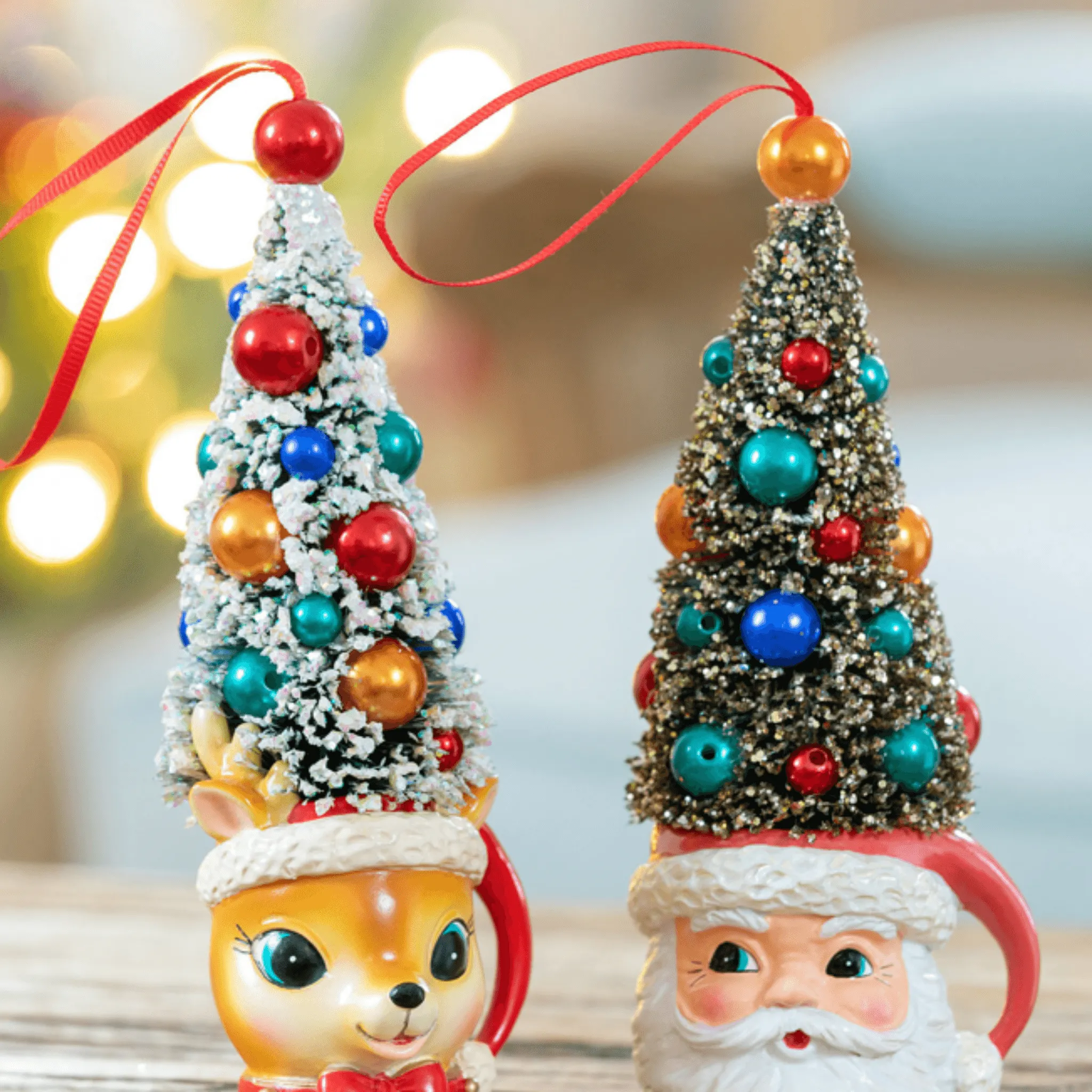 Retro Deer and Santa Mug with Sisal Tree Ornament