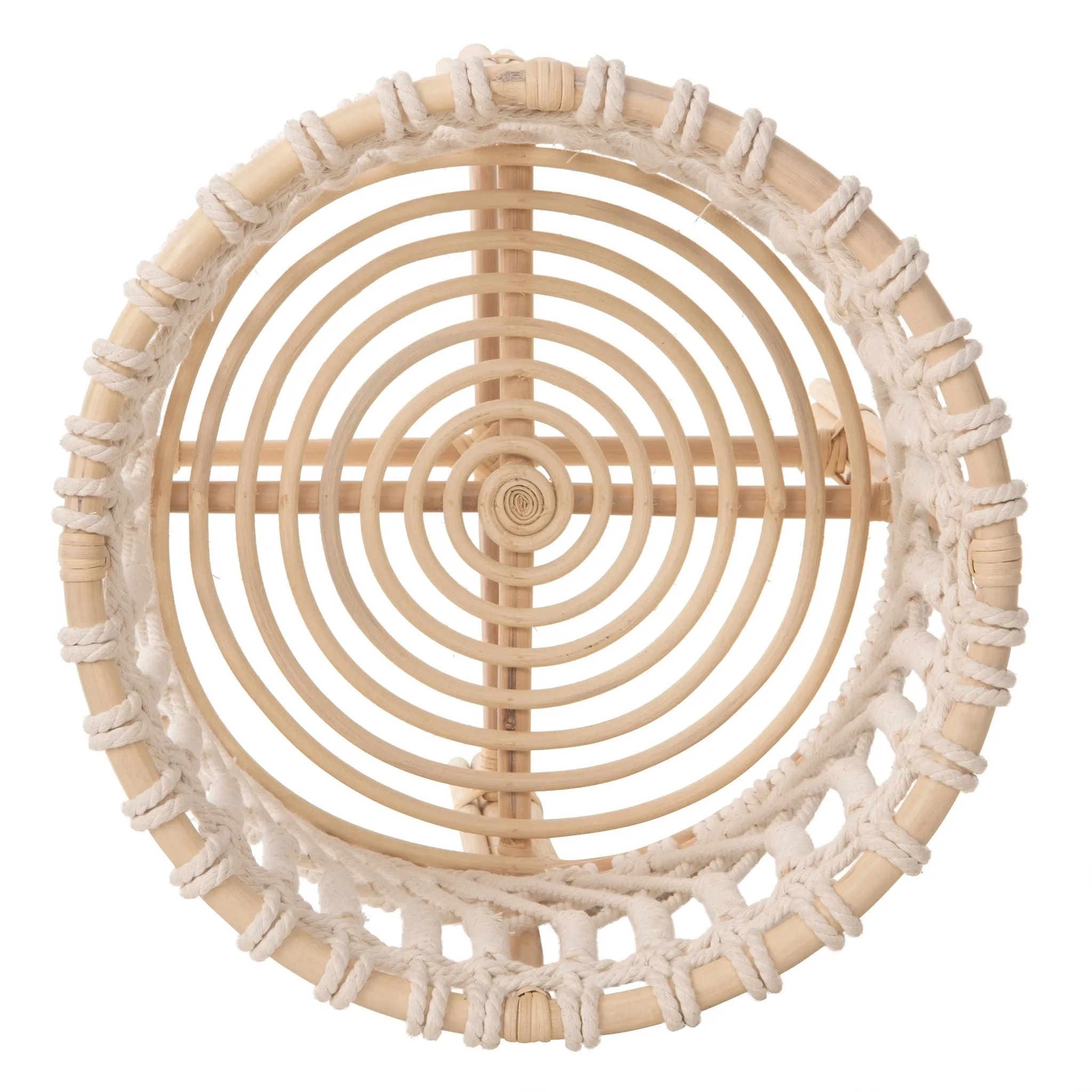 Round Rattan Planter Stand with Handmade White Cotton Rope Macrame for Indoor Use
