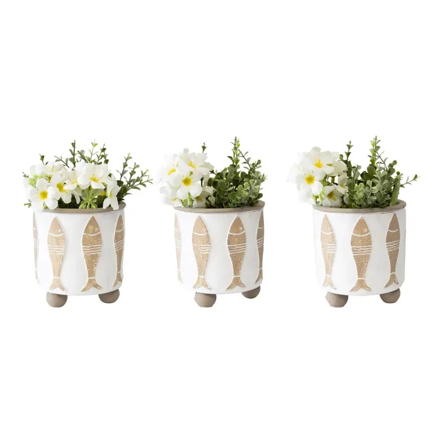 Set of 3 Footed Beach House Planter with Fish, Drain Hole & Plug