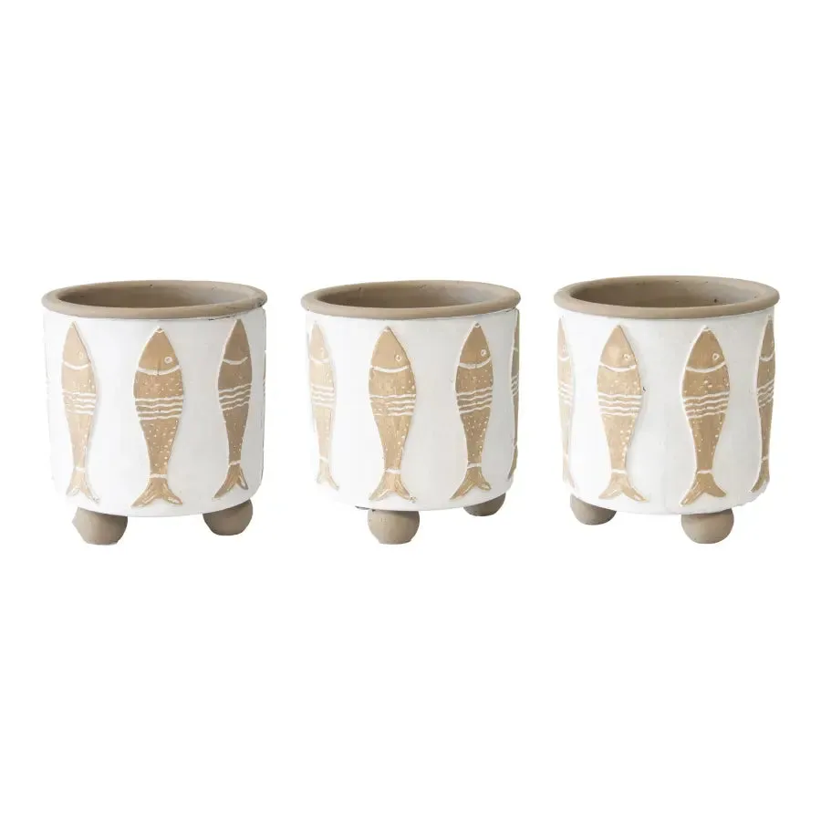 Set of 3 Footed Beach House Planter with Fish, Drain Hole & Plug