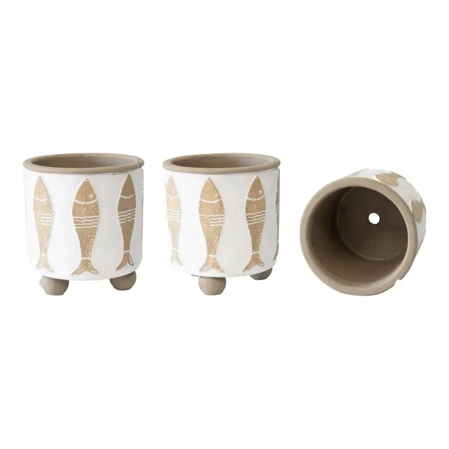 Set of 3 Footed Beach House Planter with Fish, Drain Hole & Plug