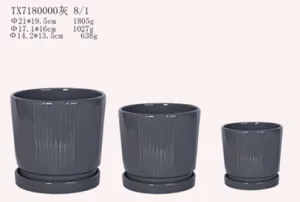 Set of 3 Grey Ceramic Planters - Modern Design with Textured Lines | Premium Quality Material