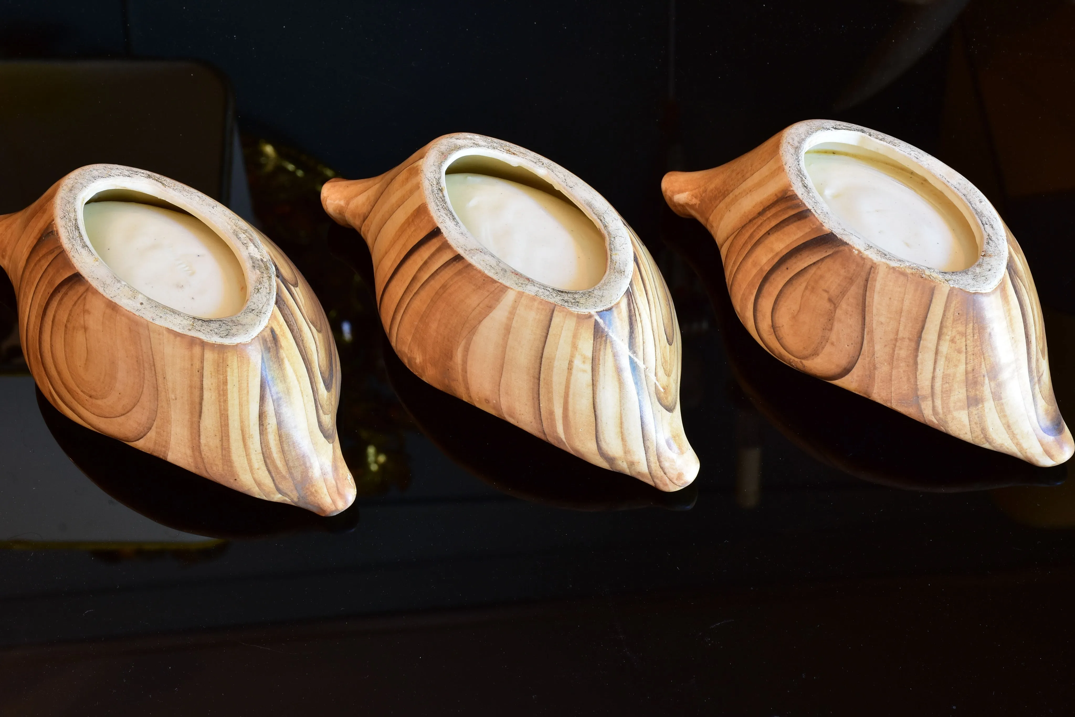 Set of vintage Vallauris ceramic cups, pitcher and bowls- wooden effect