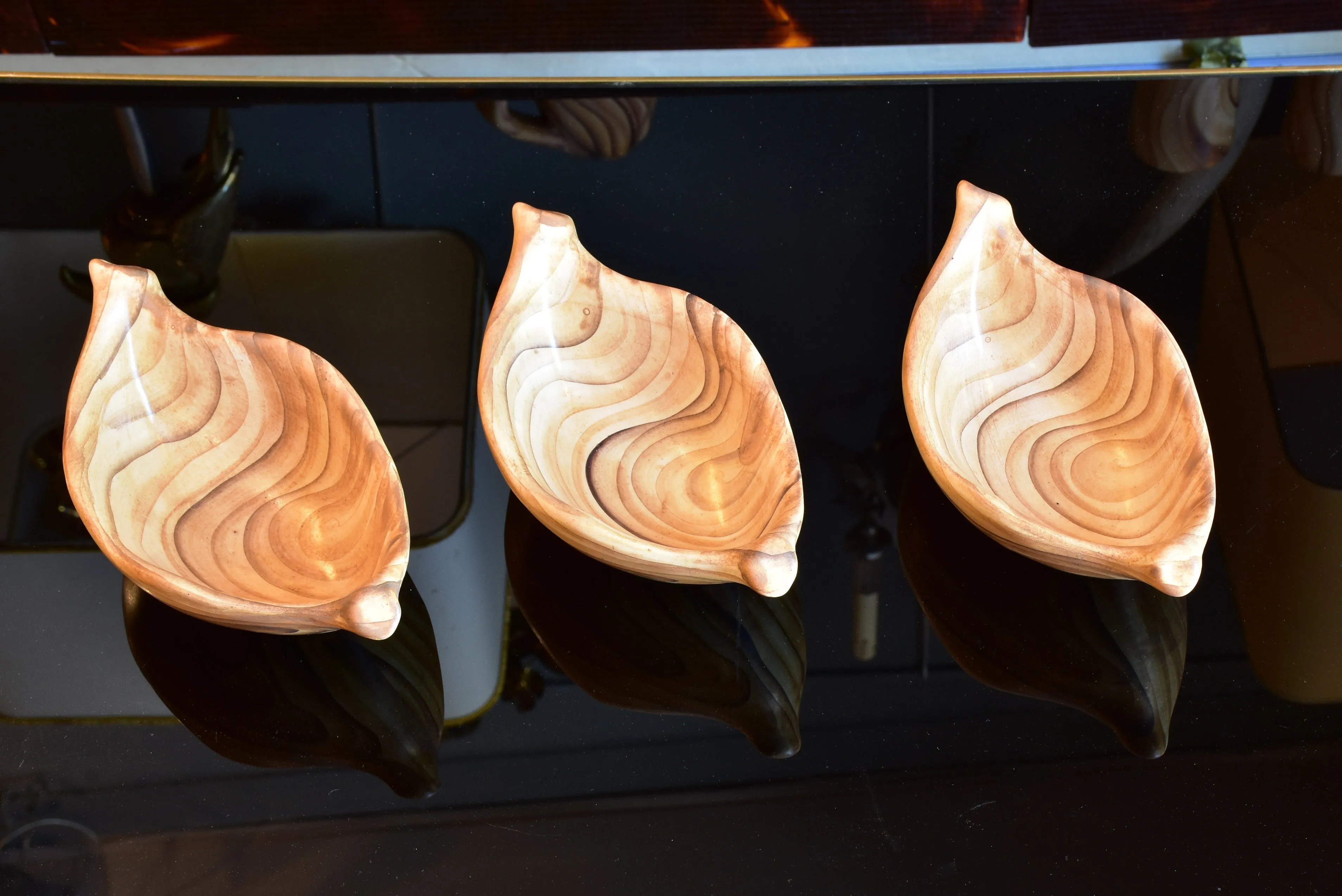 Set of vintage Vallauris ceramic cups, pitcher and bowls- wooden effect