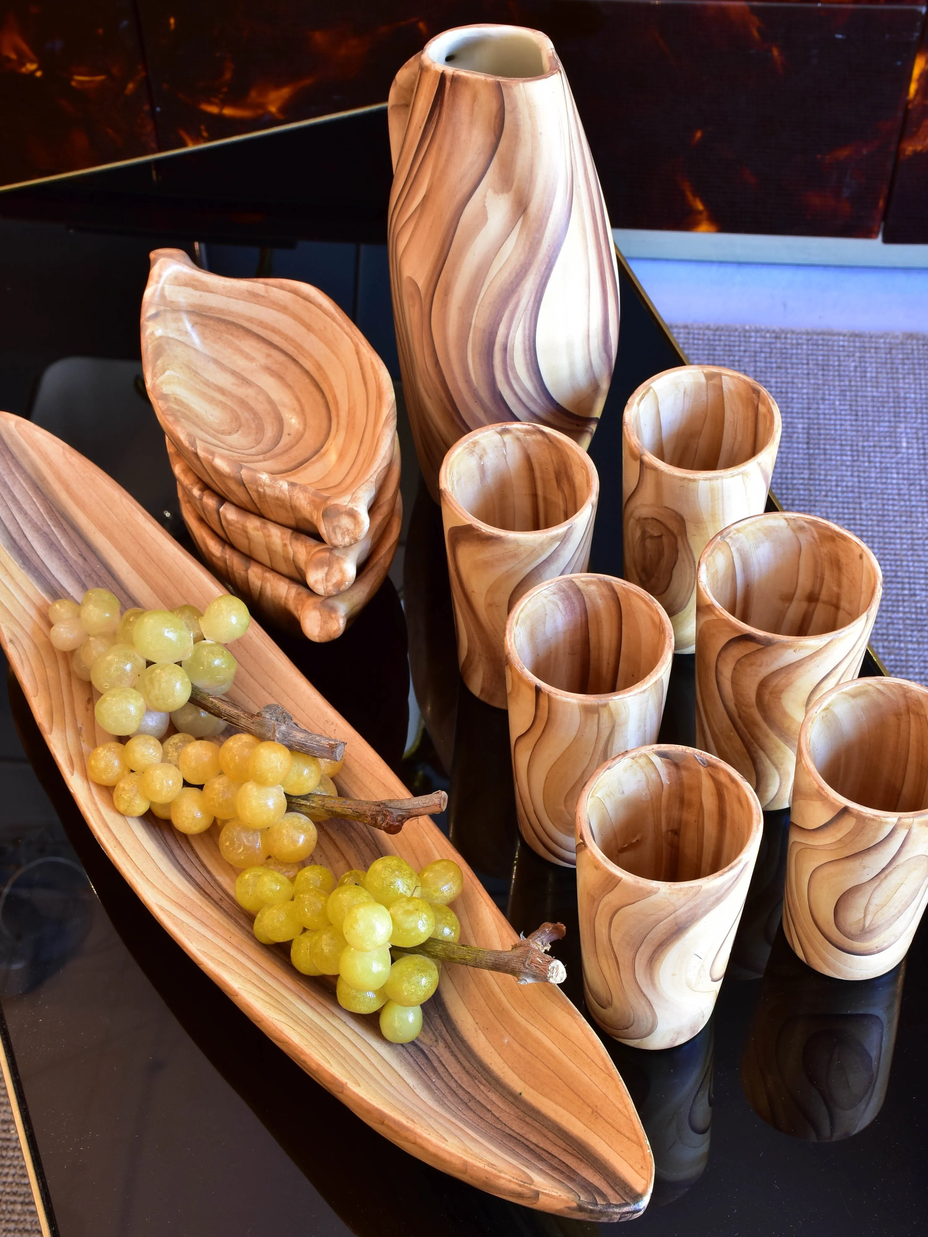 Set of vintage Vallauris ceramic cups, pitcher and bowls- wooden effect