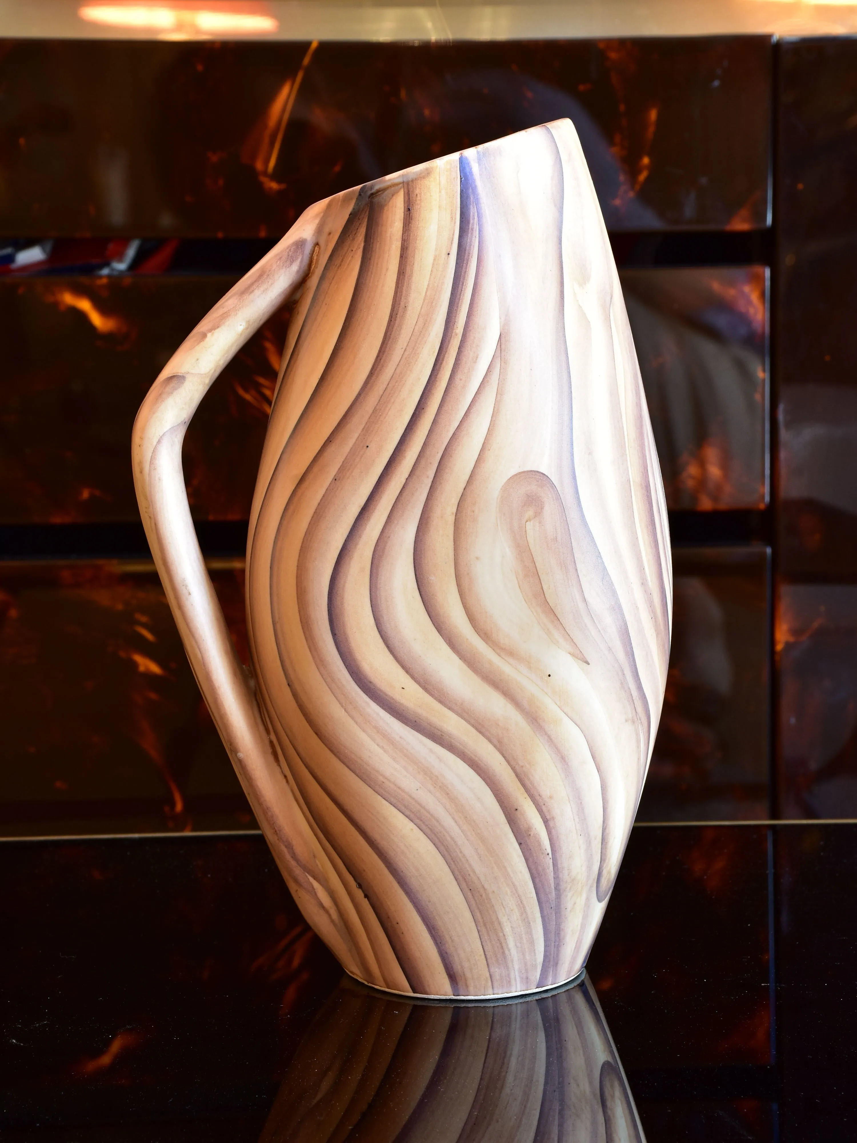 Set of vintage Vallauris ceramic cups, pitcher and bowls- wooden effect