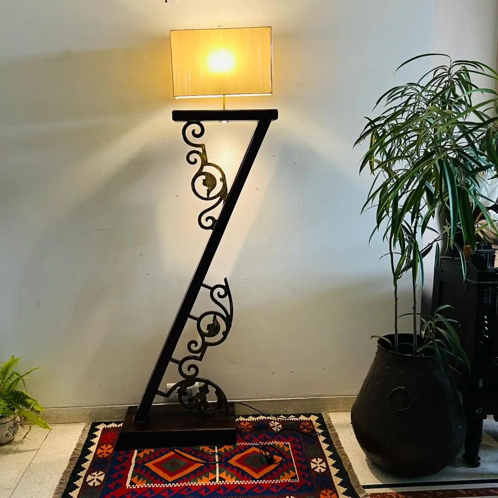 Statement Diagonal  Metal and Wood Floor  Lamp with Brass Details ( Shade Included): Noor 13
