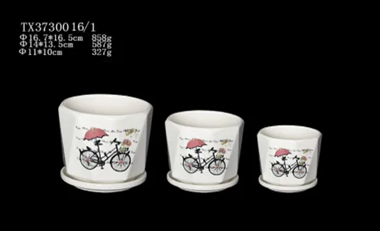 Stylish Round Ceramic Pot with White Cycle Picture | Modern Home Décor (Set Of 3)