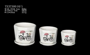 Stylish Round Ceramic Pot with White Cycle Picture | Modern Home Décor (Set Of 3)