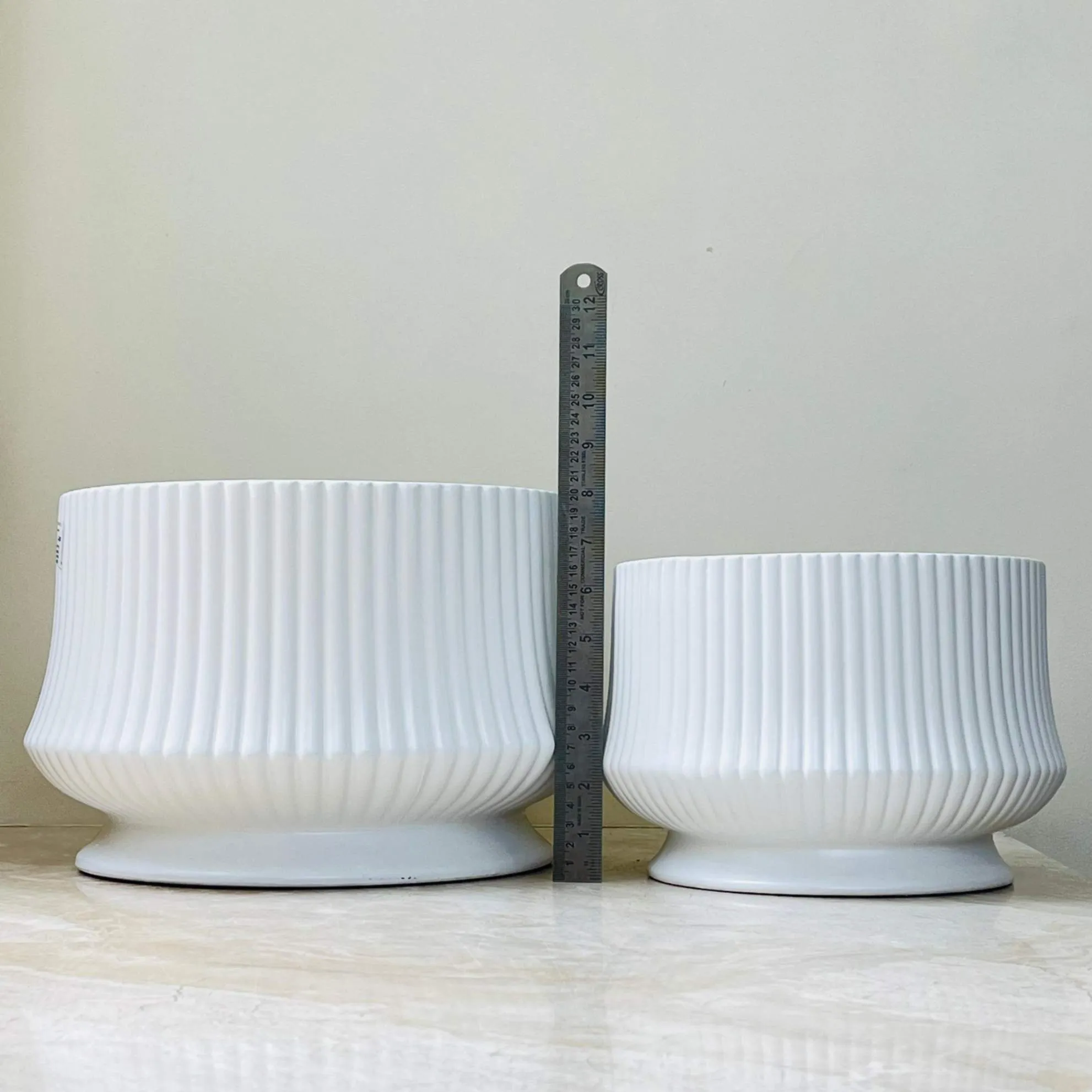 White Ribbed Ceramic Planter Set Of 2 – Tilted Modern Design