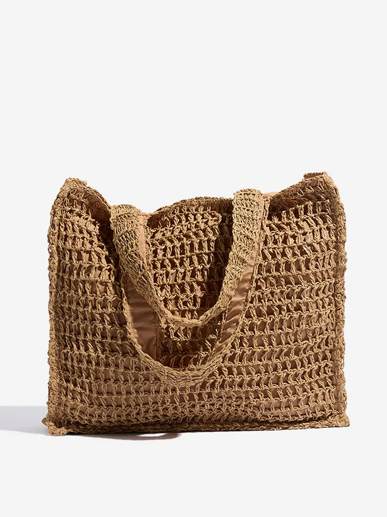 Wunderlove Brown Crochet-Detailed Tote Bag