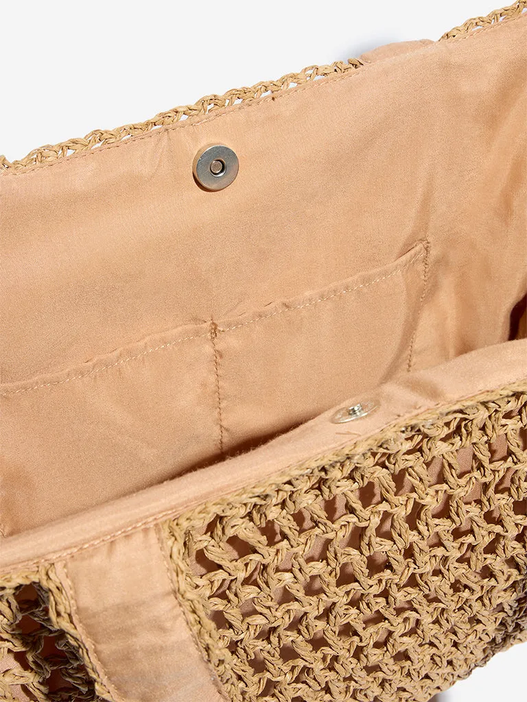 Wunderlove Brown Crochet-Detailed Tote Bag